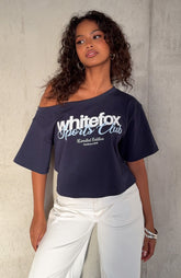 I've Got That Feeling Boxy Off Shoulder Tee Navy