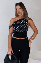 Cherry Charm Cinched Waist Top Black Polka Dot