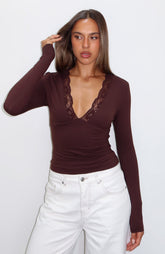 Knew That All Along Lace Trim Long Sleeve Top Chocolate