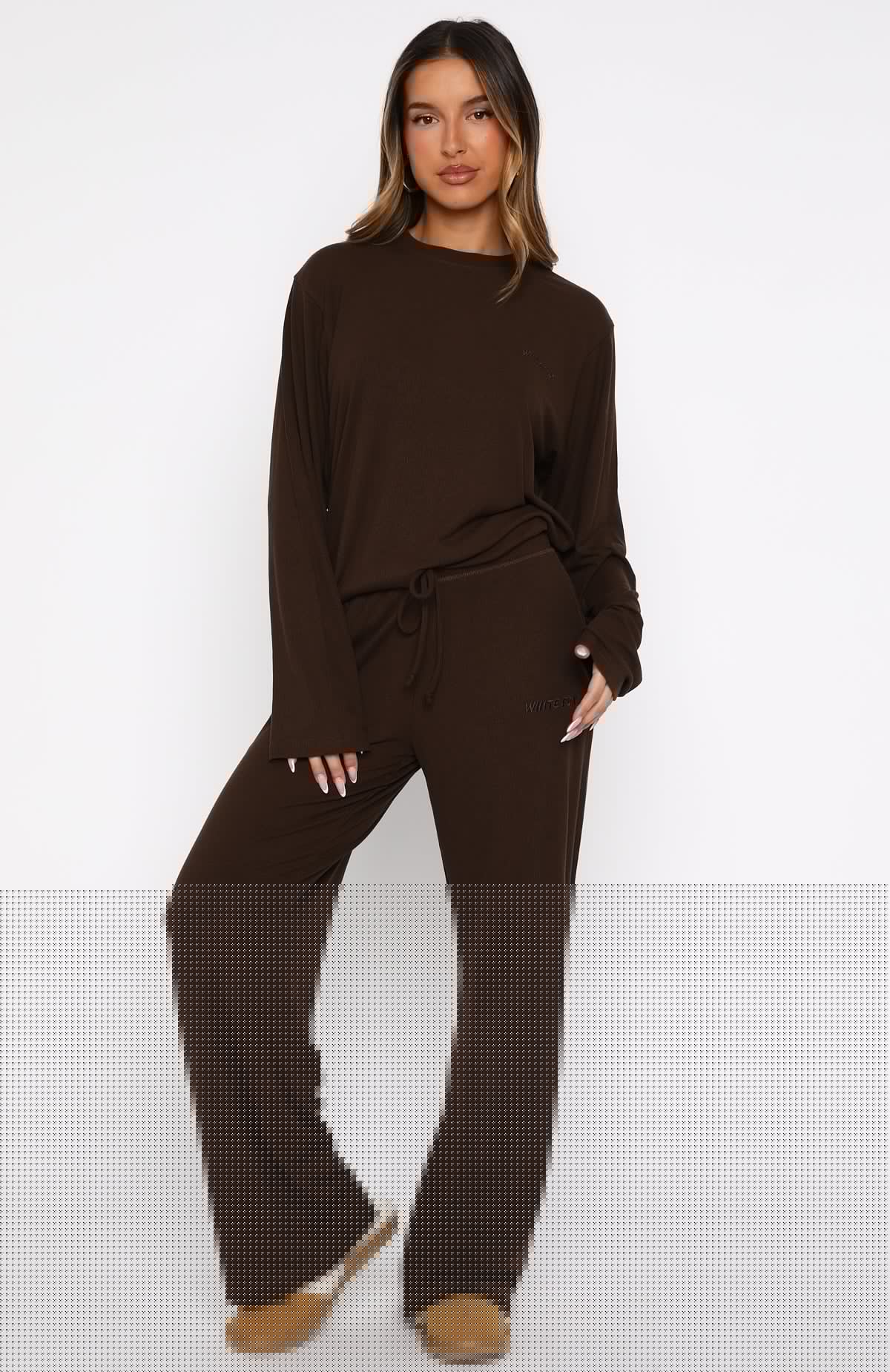 Come A Long Way Soft Lounge Long Sleeve Ribbed Tee Chocolate